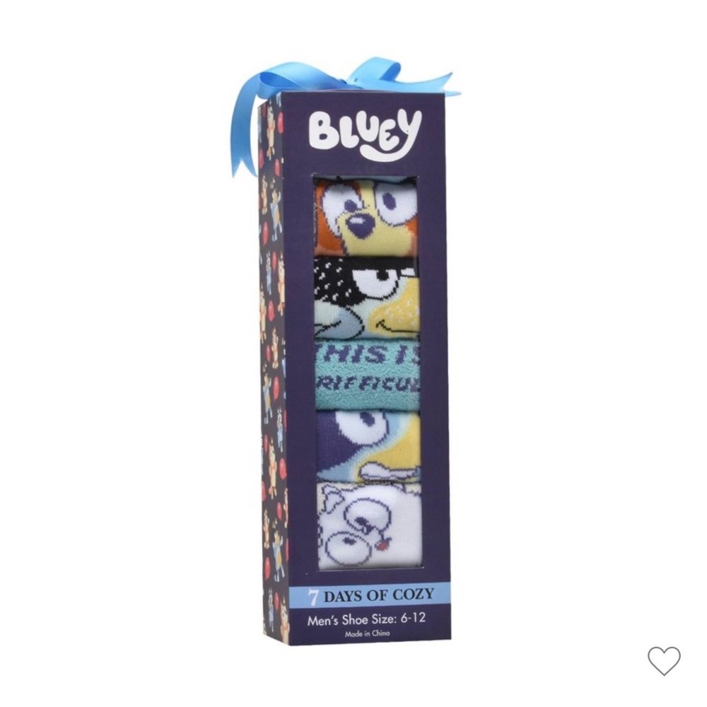 Bluey Mens 7 Days of Cozy Crew Socks Gift Set Bluey Bingo Muffin Size 6-12